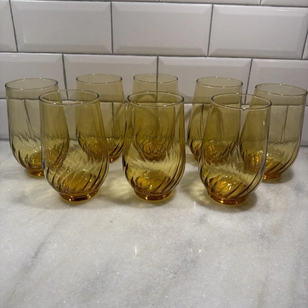 Set Of 8 Vintage Golden Swirl Anchor Hocking Water/tea Glasses OLA009